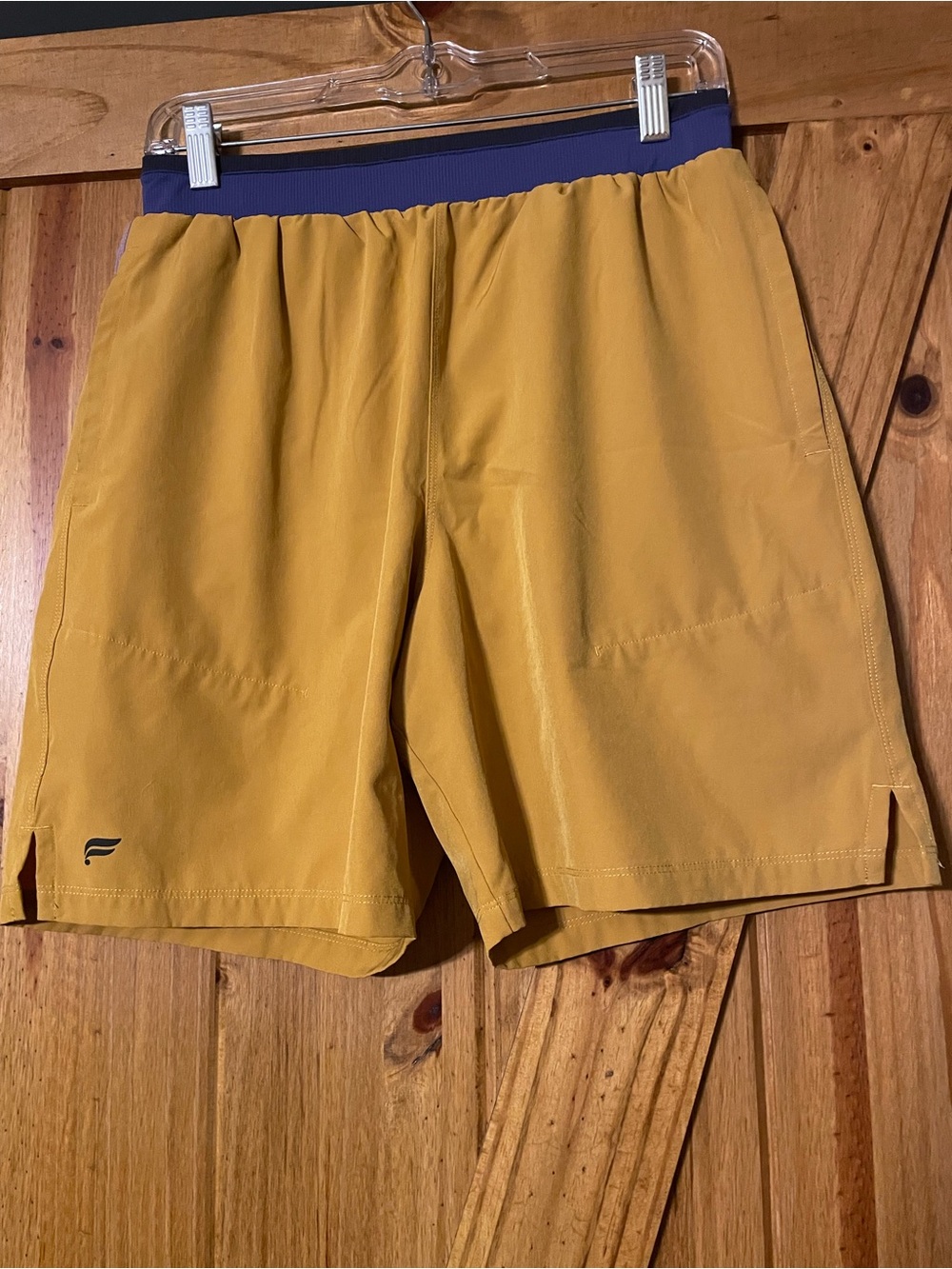 Fabletics Fundamental Short- Mustard Yellow with Purple Waistband